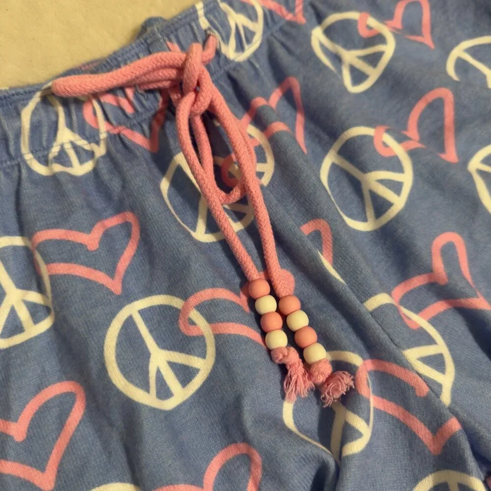 P.J. Salvage Peace & Love Lounge Set -‎ Blue Pink & White Hearts size small nwot